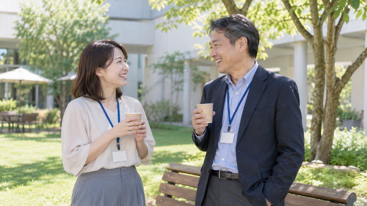 昼、研修所の芝生の中庭で、名札を下げた30代の女性と50代の男性が木のベンチの横に立ち、紙コップのお茶を手に初めて言葉を交わして笑顔になっている。名札の文字は読めない