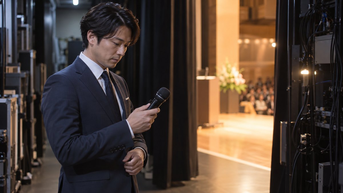 夕方、ホールの舞台袖の薄暗い通路で、30代の男性司会者がワイヤレスマイクの電源を確かめ、小さく息を整えている
