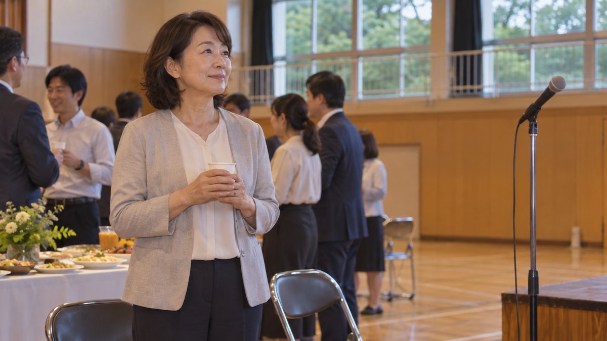 夕方、研修所の体育館を使った懇親会で、パイプ椅子の横に立った50代の女性が紙コップを両手で包むように持ち、静かに自分の出番を待っている。窓の外は木々で夜景は無い