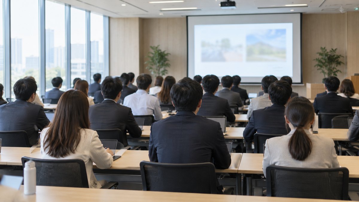 昼、会社の大会議室で、いくつもの部署から集まった社員たちが長机に並んで座り、前方のスクリーンを見ている後ろ姿。スクリーンの文字は見えない