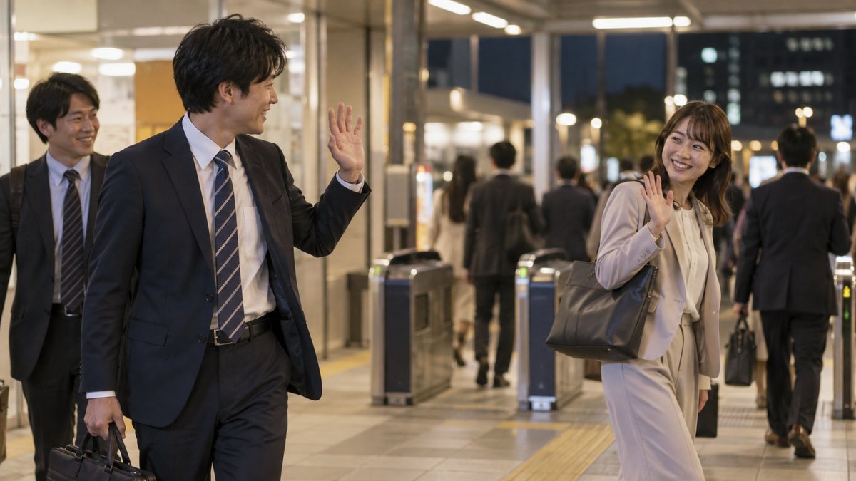 夜、駅の改札前で、懇親会帰りのスーツ姿の男女が笑顔で軽く手を振り、それぞれの帰り道へ別れていく
