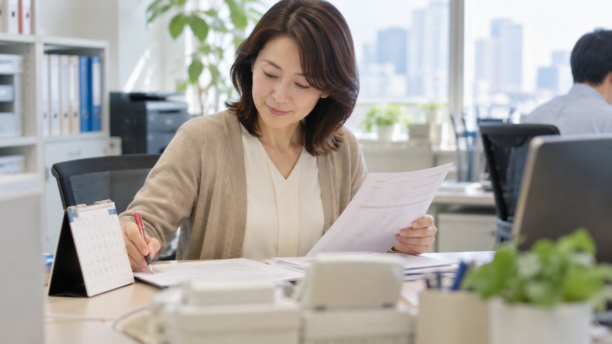昼、会社の総務部のデスクで、40代の女性が卓上カレンダーに印をつけながら、懇親会の担当を書いた紙を見直している。紙の文字は読めない