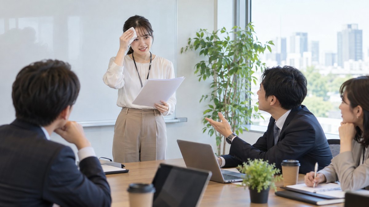 昼の会議室で、30代の女性が資料を手に立ち、出席者からの質問に苦笑いしながらハンカチで額の汗を押さえている。資料の文字は見えない