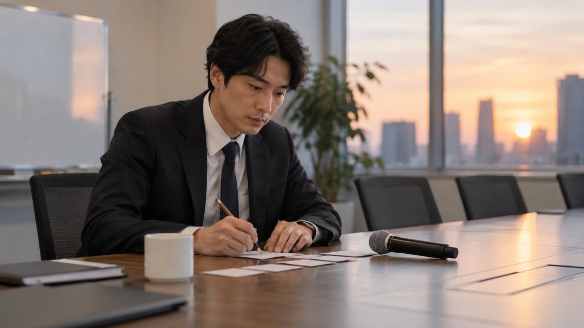 夕方、会議室の長机で、30代の男性が小さなカードに鉛筆で順番を書き込み、横に置いたマイクに目をやっている。カードの文字は読めない