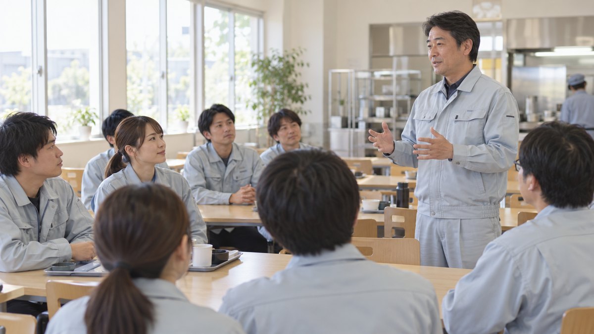 昼、工場の食堂で、作業着の社員たちが長テーブルに座り、前に立った40代の男性の話を静かに聞いている