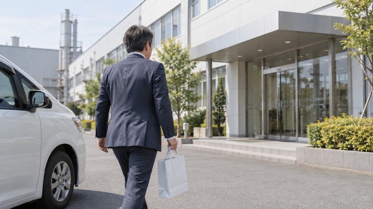 午前、工業団地の道で、社用車から降りた40代の男性が手土産の紙袋を持ち、取引先の建物の入口へ向かって歩いている。看板の文字は無い