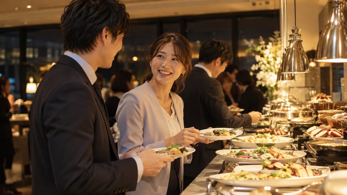 夜、洋風のビュッフェの料理台の前で、違う部署の30代の男女が皿を手に料理を選びながら話が弾んでいる様子を横から写した場面
