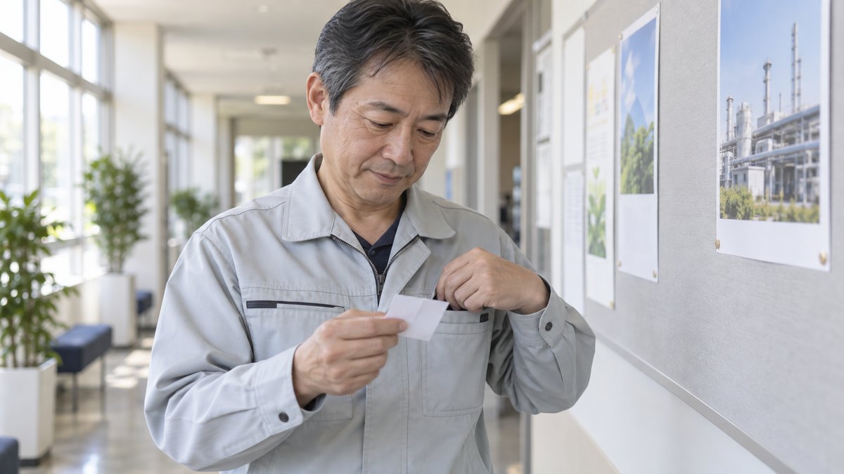昼、工場の会議棟の明るい廊下の掲示板の前で、作業着の50代の男性が胸ポケットから小さく折った紙を取り出し、そっと目を落としている。紙の文字は見えない