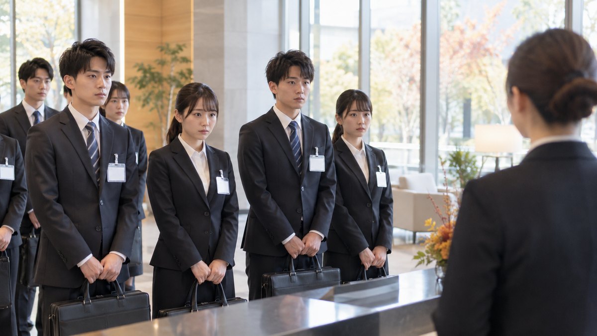 秋の昼、会社の受付ロビーで、リクルートスーツ姿の20代前半の男女が名札をつけて並び、緊張した表情で案内を待っている。名札の文字は読めない