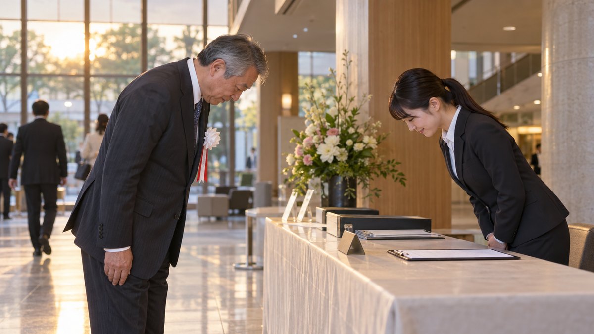 夕方、市民会館のロビーで、胸に無地の来賓のリボンをつけた60代の男性が、受付の若い職員に深く一礼している