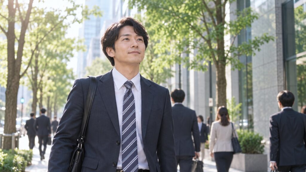 朝のオフィス街を、肩の力を抜いて前を向いて歩く男性会社員