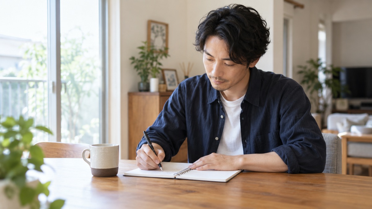 休日の朝、自宅のテーブルでノートに書き出す男性