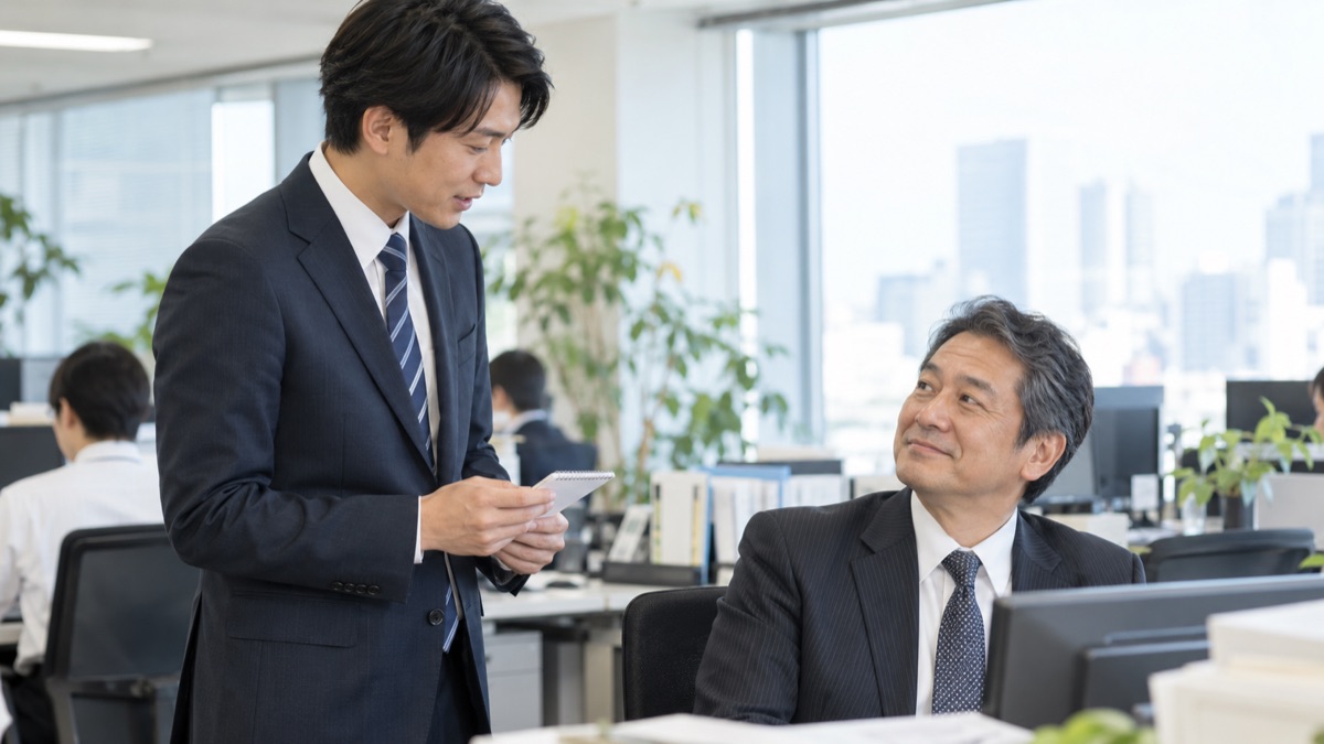 メモを見ながら上司に短く報告する男性社員