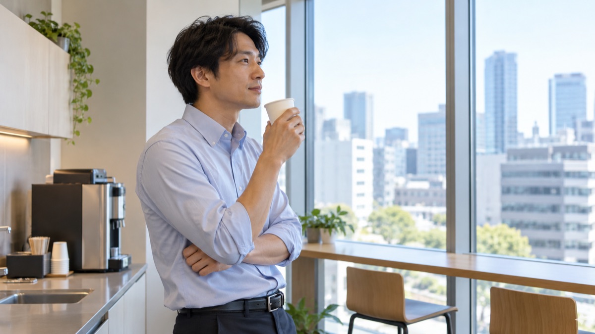 給湯スペースで紙コップを手に考える男性社員