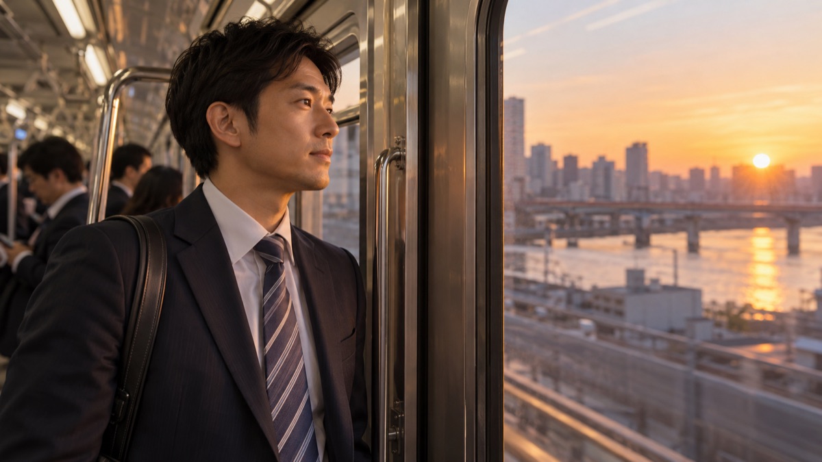 帰りの電車で窓の外を見ながら一日を振り返る男性