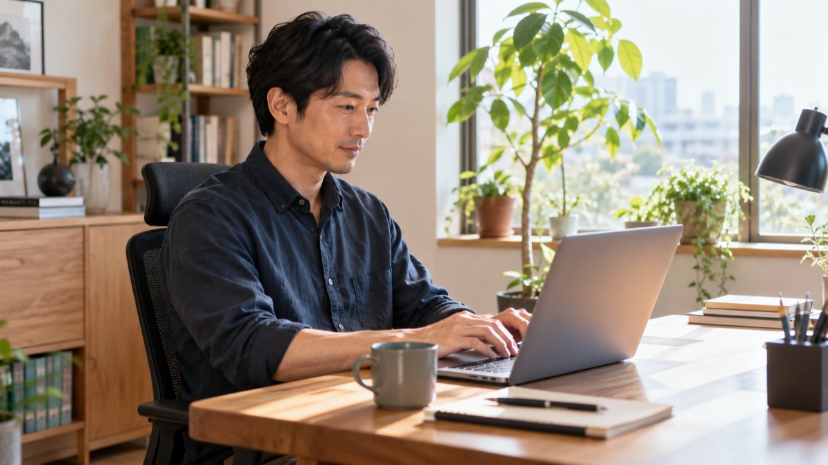 自宅の書斎で在宅勤務をする男性