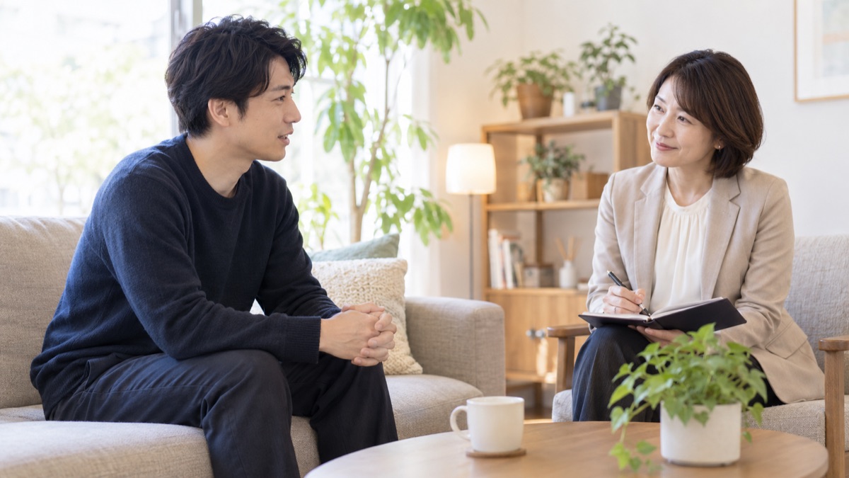 明るい相談室で相談員と話す男性