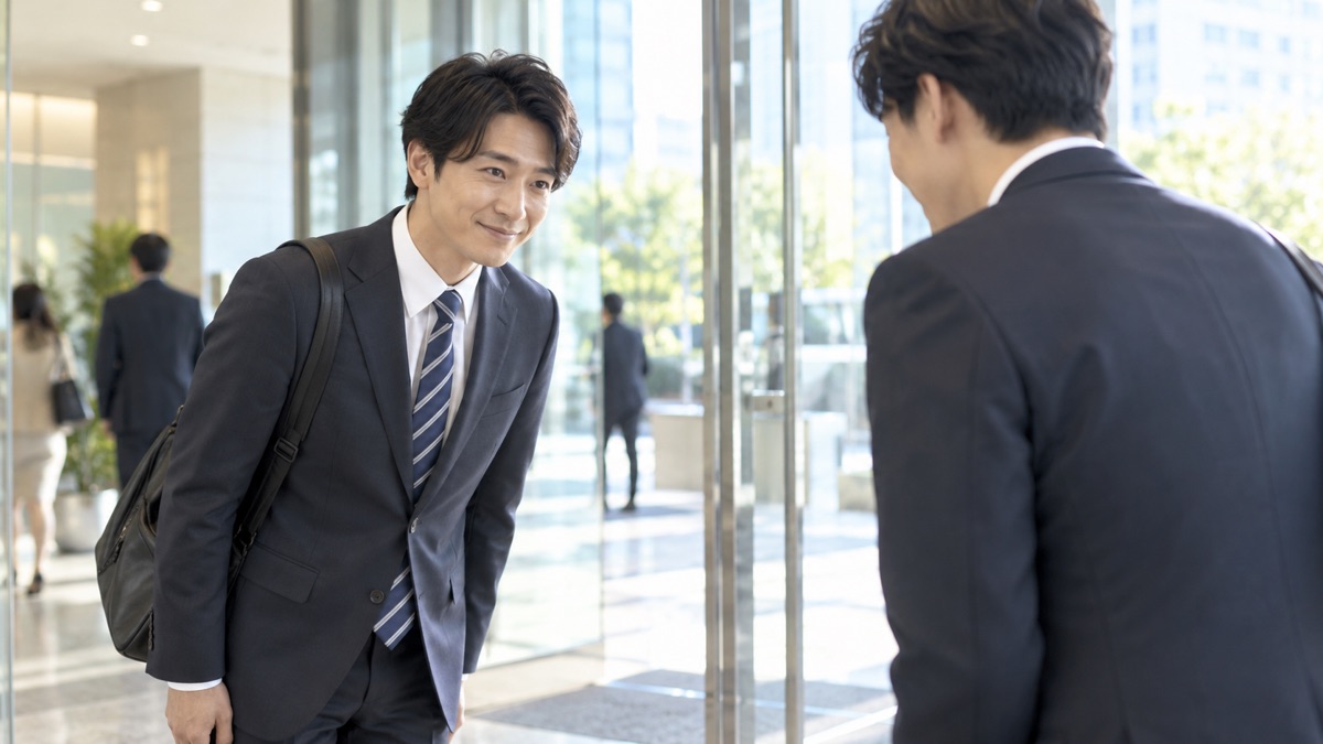 朝、オフィスの入口で同僚にあいさつする男性