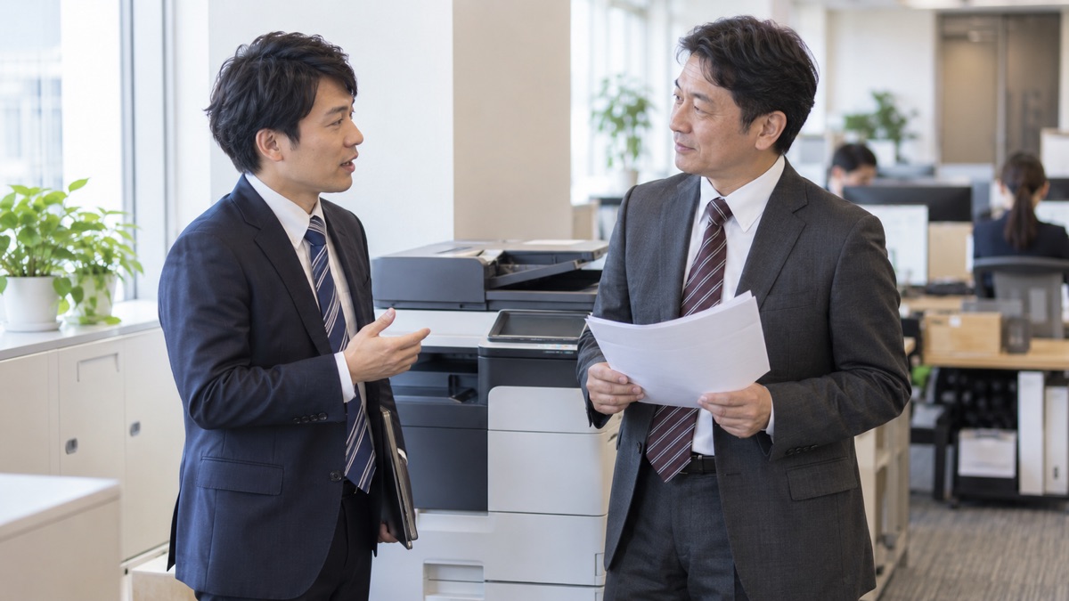 コピー機の横で同僚に用件を短く伝える男性