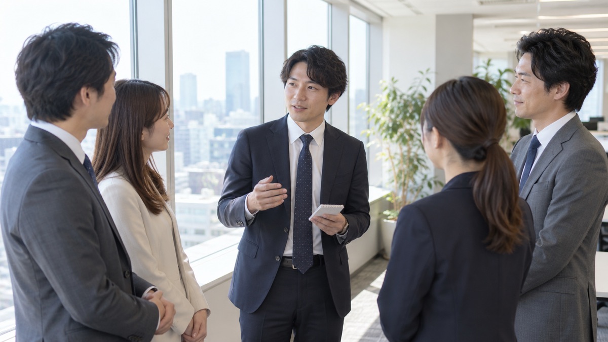 朝の立ったままのミーティングで最初の一言を話す男性