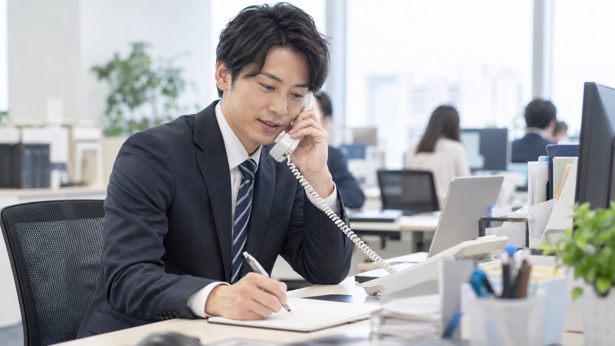 自席で電話に出ながらメモを取る男性