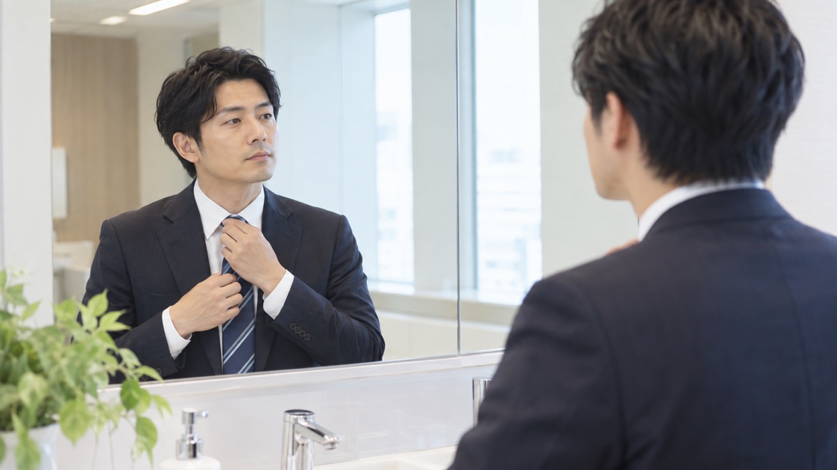 洗面スペースの鏡の前でネクタイを直す男性
