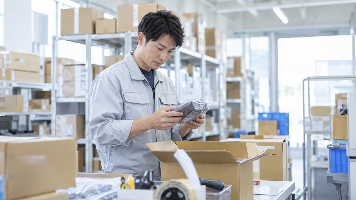 倉庫で一人で検品作業をする男性