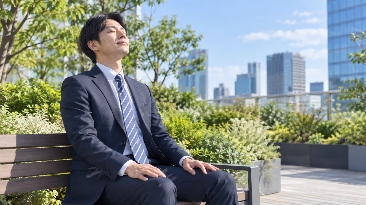 昼休みに屋上庭園のベンチで息を長く吐く男性