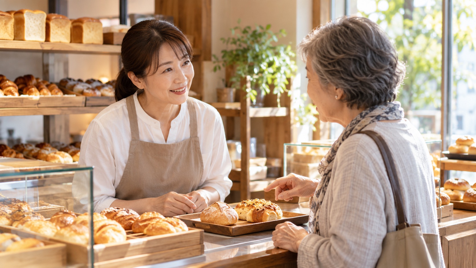 パン屋のレジで客の話に注意を向けて聞く店員