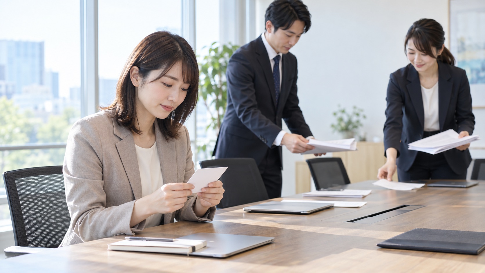 会議の前に席でメモカードを見て準備する女性