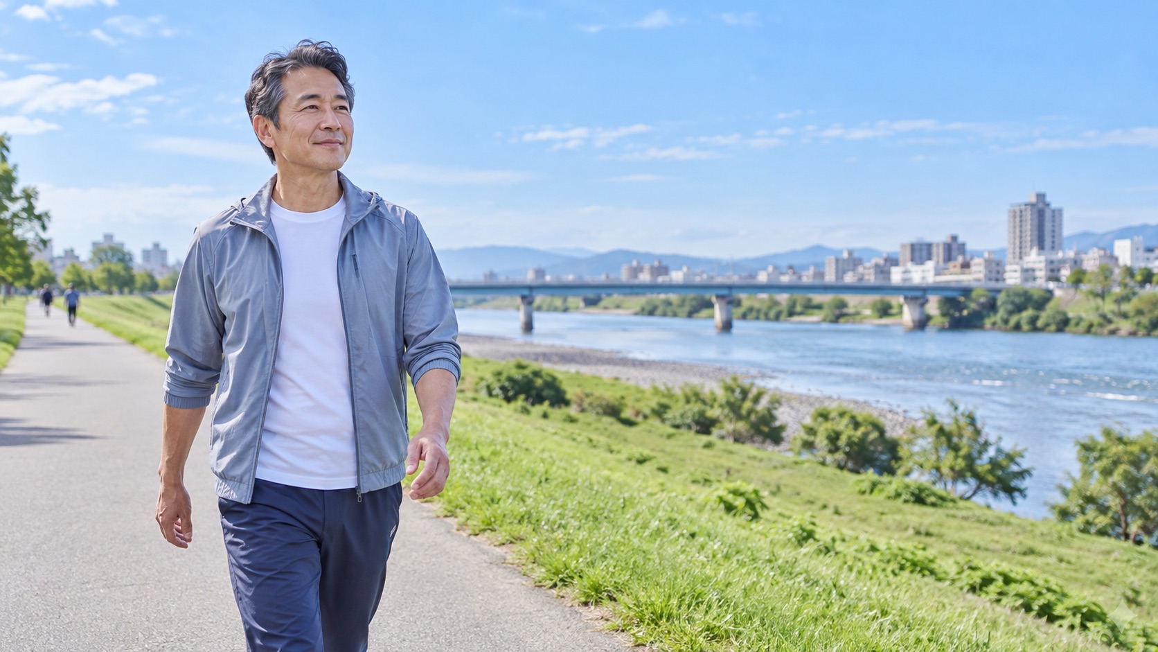 河川敷をゆっくりのペースで歩く男性