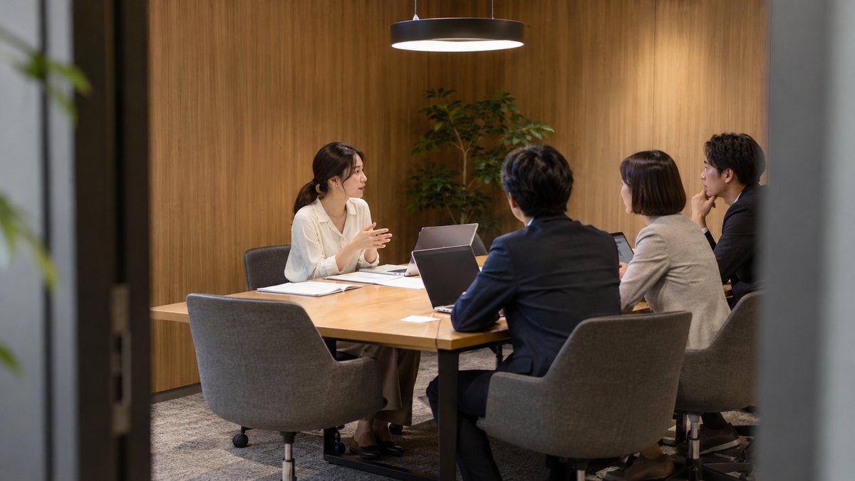 午後、窓のない木目の壁の小さな会議室で、30代の女性社員が座ったまま顔を上げ、テーブルの向かいの同僚3人に向けて短く意見を述べている遠景。資料の文字は見えない。顔ははっきり写らない。文字は無い