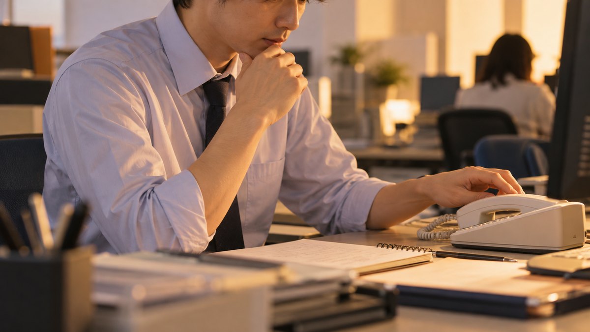 夕方、営業所の自席で、20代後半の男性社員が電話の受話器を置いたばかりの姿勢で、手元のメモを見つめながら、さっきの説明の言い方を考え直している近景。メモの文字は読めない。窓の景色は写さない。顔ははっきり写らない。文字は無い