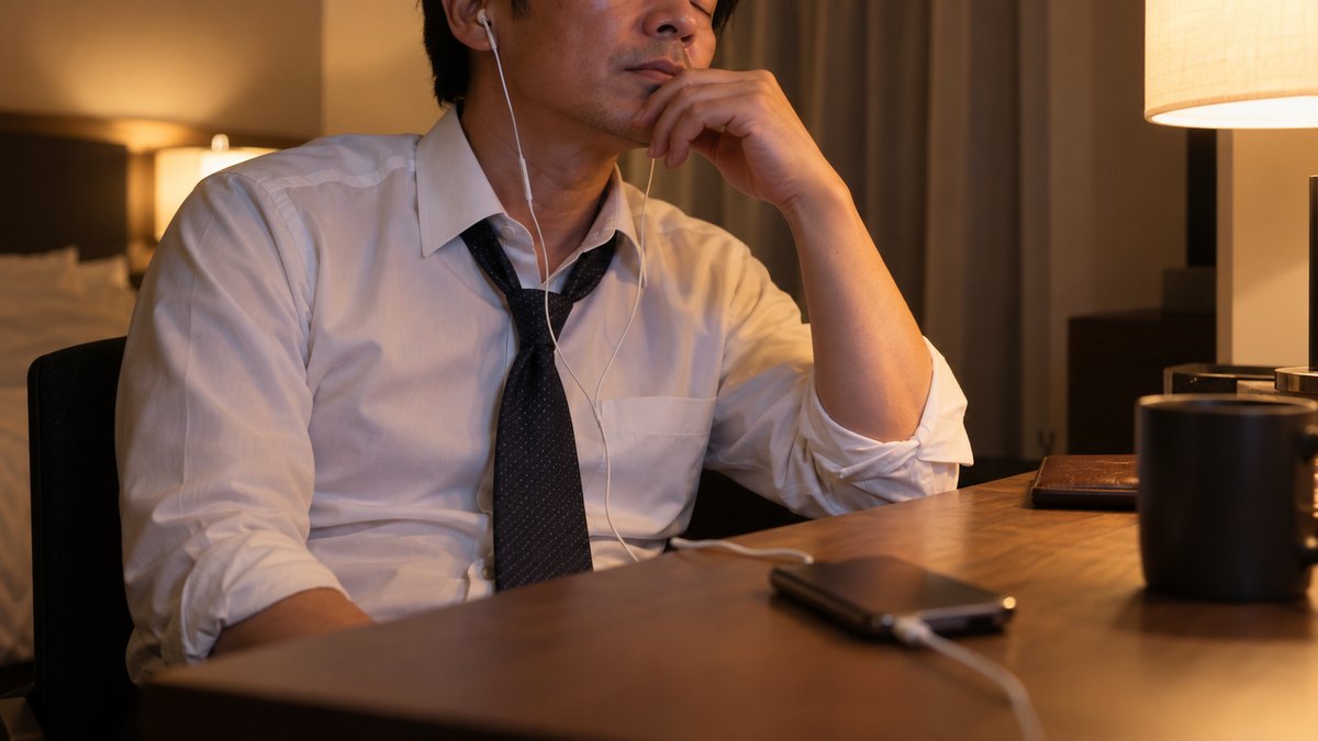 夜、出張先のビジネスホテルの部屋の机で、40代の男性会社員がネクタイをゆるめて座り、机に置いたスマホに録音した自分の声をイヤホンで聞き返しながら目を閉じている近景。スマホの画面は見えない。窓の景色は写さない。顔ははっきり写らない。文字は無い