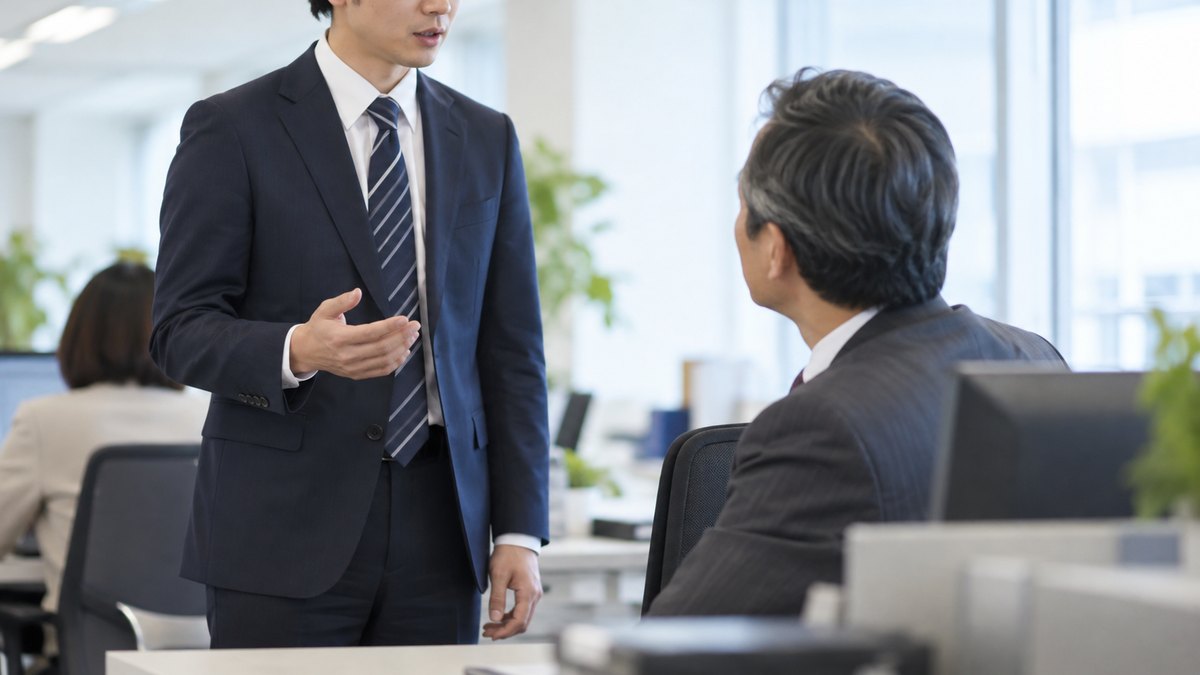午前、オフィスの課長の席の横で、20代後半の男性社員が手ぶらで立ったまま、椅子に座って振り向いた50代の男性課長に短く報告している近景。パソコンの画面は見えない。顔ははっきり写らない。文字は無い