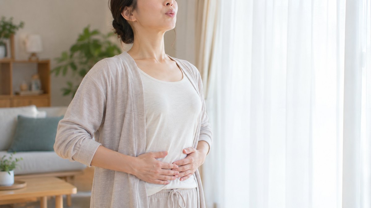 朝、自宅のリビングの窓ぎわで、部屋着の40代の女性が背筋を伸ばして立ち、お腹に両手を当てて口をすぼめ、ゆっくり長く息を吐いている近景。やわらかい朝の光。窓の外の景色は写さない。顔ははっきり写らない。文字は無い