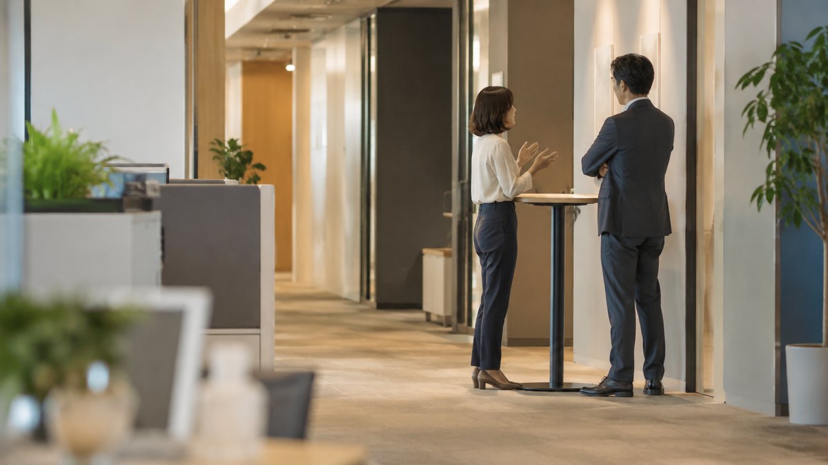 午後、オフィスの通路わきにある立ち話用の小さなハイテーブルで、30代の女性社員が手ぶらで1分ほどの説明をし、向かいに立つ40代の男性の同僚が腕を組んでうなずきながら聞いている遠景。窓や外の景色は写さない。掲示物の文字は見えない。顔ははっきり写らない。文字は無い