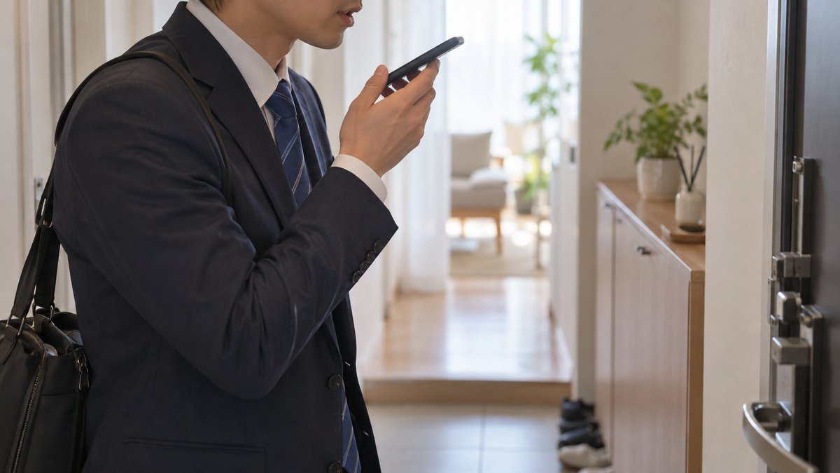 朝、マンションの玄関で、スーツ姿の30代の男性会社員が靴をはき終えて立ち止まり、スマホを口元に近づけて小さな声で録音している近景。スマホの画面は見えない。顔ははっきり写らない。文字は無い