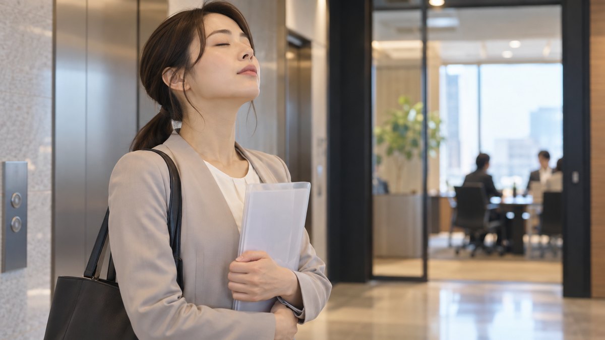午後、オフィスのエレベーターホールで、30代の女性社員が会議室へ向かう前に立ち止まり、クリアファイルを胸に抱えて目を閉じ、ゆっくり息を吐いている近景。案内表示の文字は見えない。顔ははっきり写らない。文字は無い