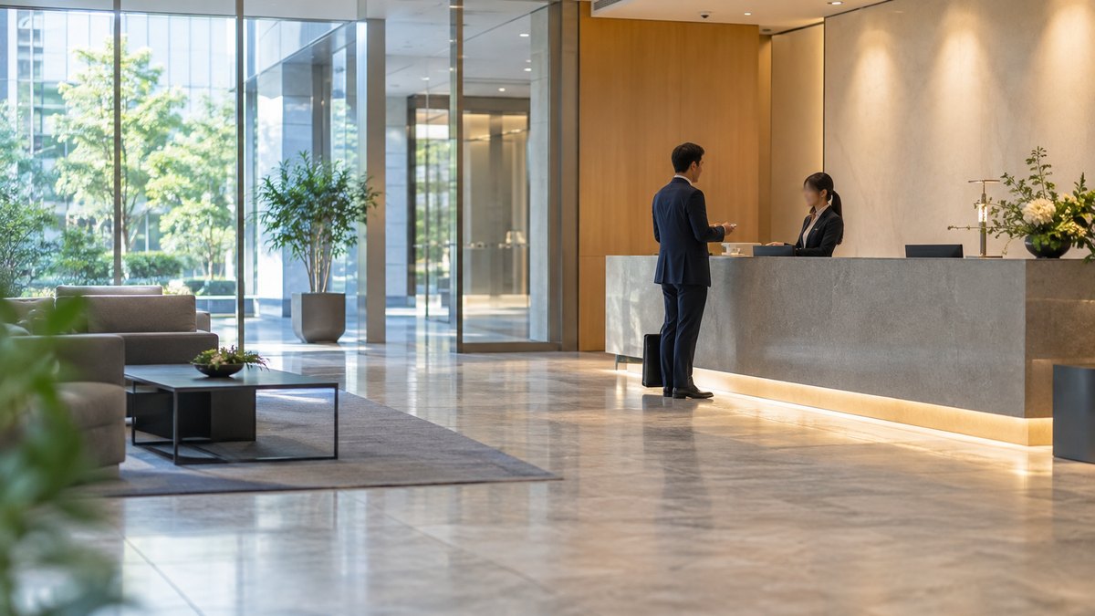 午後、取引先の会社の1階の受付カウンターの前で、30代の男性営業が名刺入れを手に、受付の女性に用件を短く伝えている遠景。受付の社名や案内表示の文字は見えない。顔ははっきり写らない。文字は無い