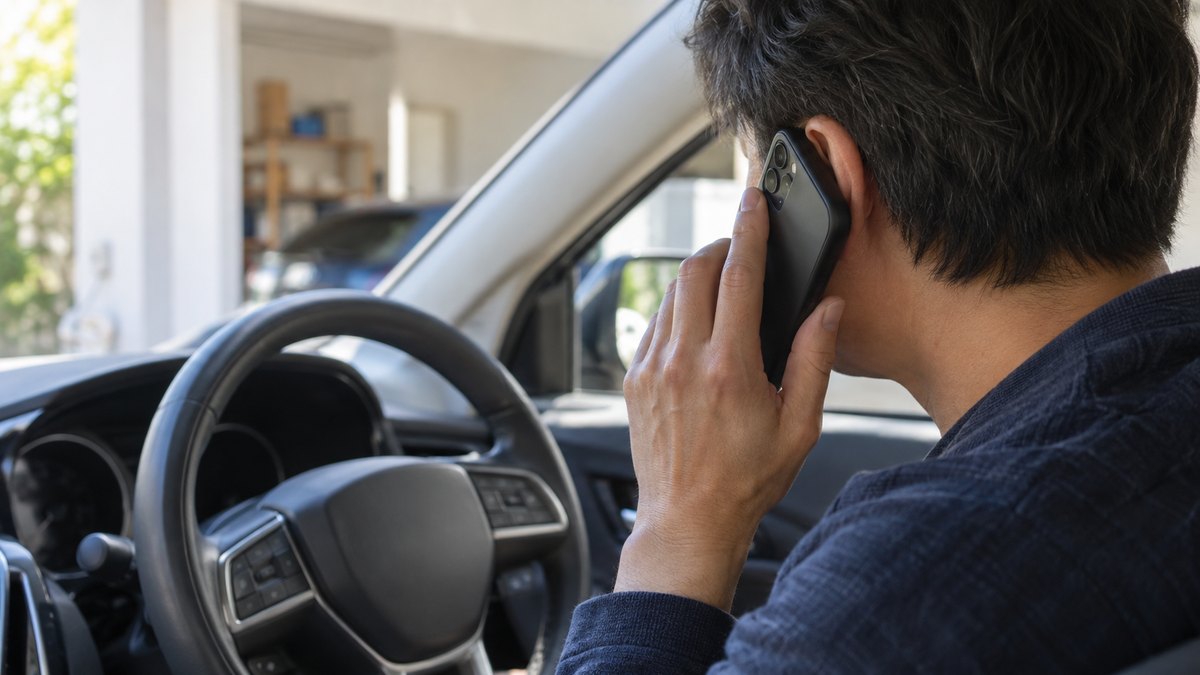 日曜の午後、自宅の車庫に止めた自家用車の運転席で、40代の男性がハンドルの前でスマホを耳に当て、録音した自分の声を聞き返している近景。スマホの画面は見えない。顔ははっきり写らない。文字は無い
