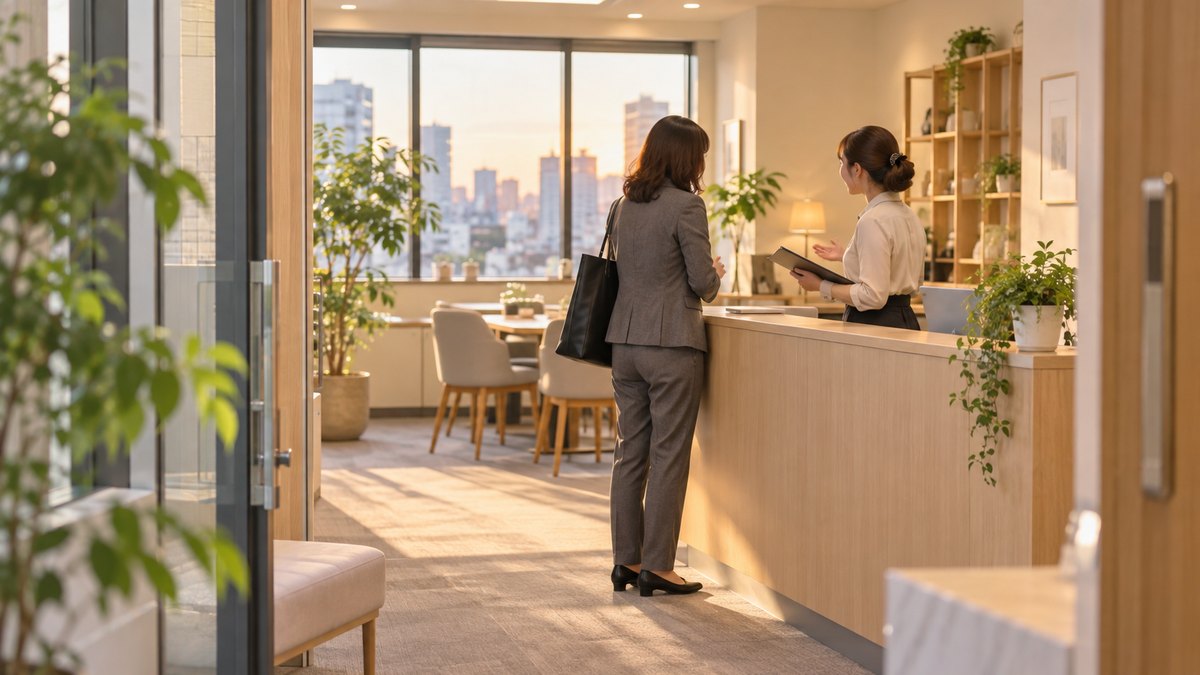 平日の夕方、駅前のビルにある小さな話し方教室の受付で、40代の女性会社員が仕事帰りに体験レッスンについてスタッフの女性と話している遠景。看板や案内の文字は見えない。顔ははっきり写らない。文字は無い