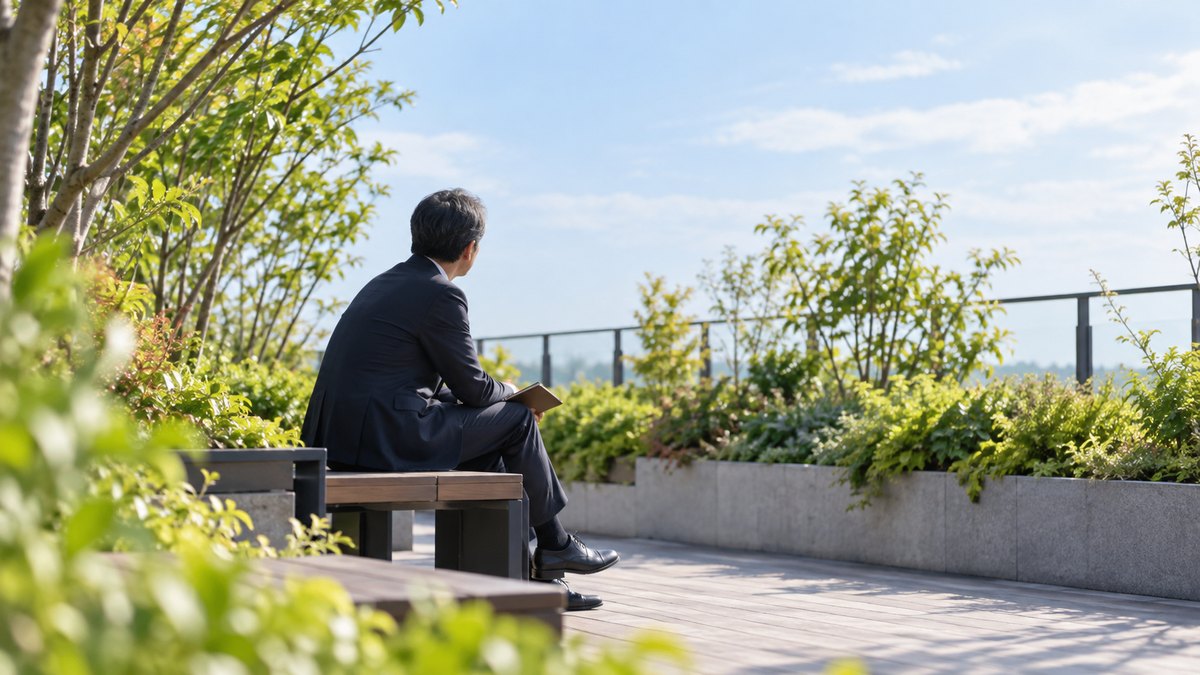 昼休み、オフィスビルの屋上庭園のベンチで、50代の男性管理職が閉じた手帳をひざに置き、遠くを見ながら考えごとをしている遠景。植え込みの緑。高層ビルは写さない。顔ははっきり写らない。文字は無い