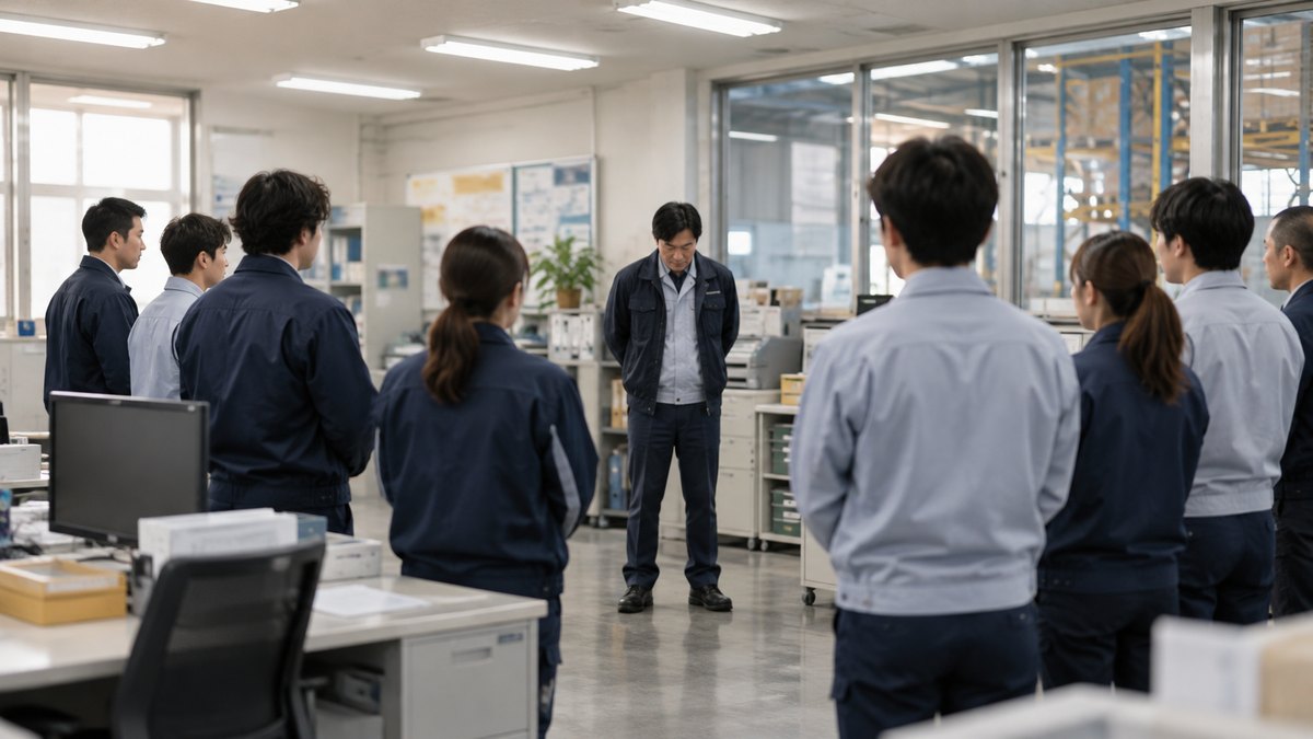 朝、物流倉庫の事務所での朝礼で、作業着の上にジャケットをはおった40代の男性社員が、並んで立つ8人ほどの同僚の前で、話し始める前に一呼吸おいている遠景。掲示物の文字は見えない。顔ははっきり写らない。文字は無い