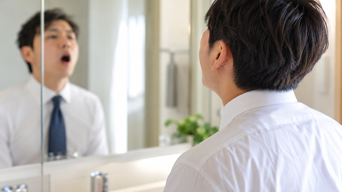 朝、自宅の洗面所の鏡の前で、ワイシャツ姿の30代の男性がネクタイを締め終え、鏡に向かって口を大きく縦に開けて口の形を確かめている近景。鏡に映る顔はぼんやりとしか見えない。顔ははっきり写らない。文字は無い