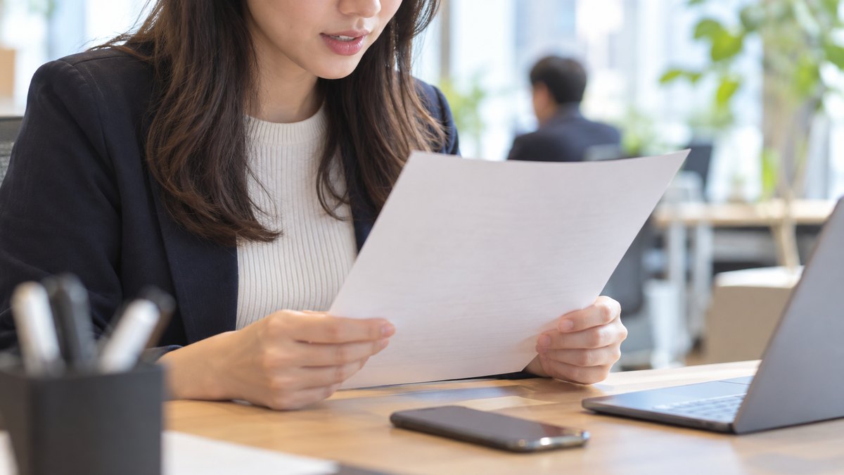 午前、オフィスの自席で、20代後半の女性社員が机にスマホを置いてストップウォッチを動かし、印刷した1枚の文章を小声で読みながら時間を測っている近景。スマホの画面と紙の文字は見えない。顔ははっきり写らない。文字は無い