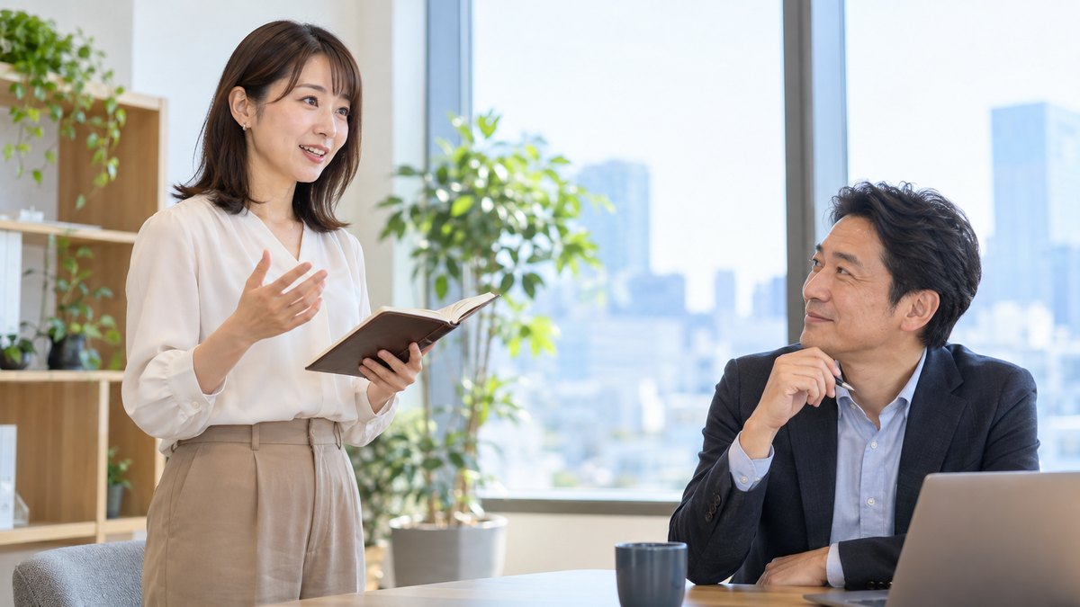 明るい社内の打ち合わせスペースで、手帳を片手に短い報告を声に出して練習する30代の女性社員と、うなずきながら聞く40代の男性の先輩
