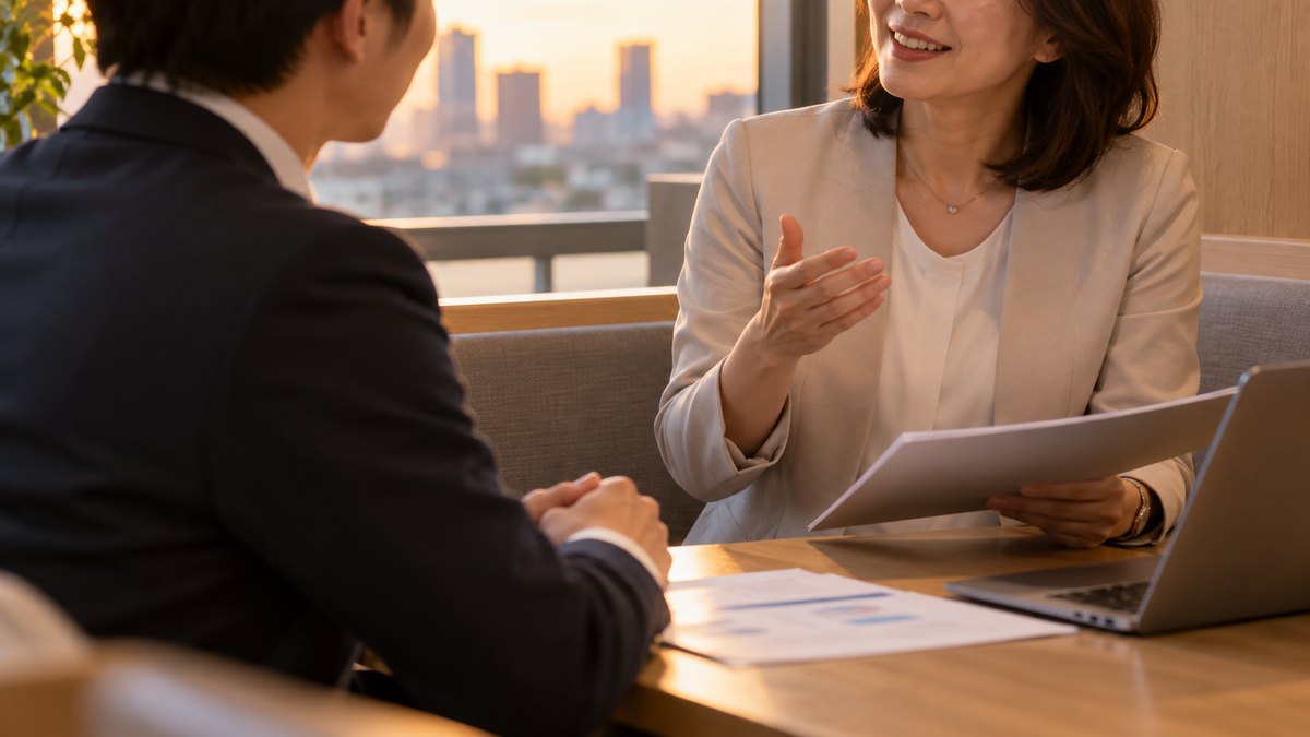 夕方、オフィスの小さな打ち合わせブースで、40代の女性課長が20代の男性部下の説明を聞き終え、笑顔で一言返している近景。資料の文字は見えない。顔ははっきり写らない。文字は無い