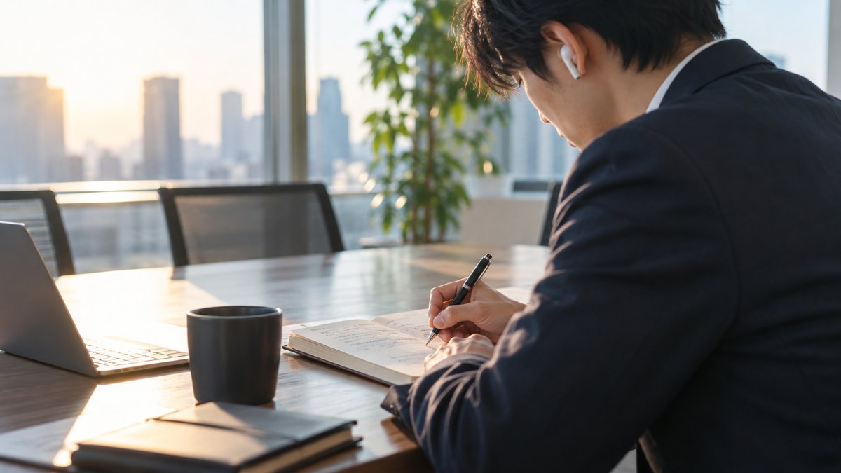 早朝、まだ誰もいないオフィスの打ち合わせ席で、30代の男性会社員がイヤホンをつけ、ノートに文を書き写しながらペンで小さな印をつけている近景。ノートの文字は読めない。顔ははっきり写らない。文字は無い