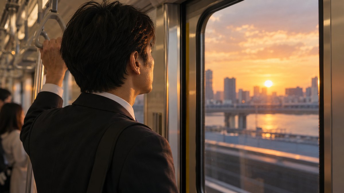 夕方、帰りの電車のドアの横に立つ40代の男性会社員が、つり革の近くで窓の外の夕焼けをぼんやり見ながら、今日の会議を思い返している近景。車内の広告の文字は見えない。顔ははっきり写らない。文字は無い